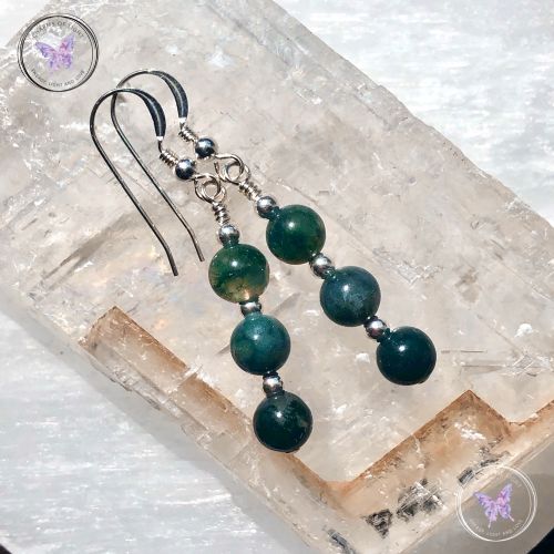 Moss Agate Silver Bead Earrings